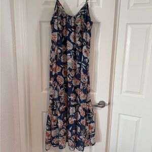 Veronica M Floral Navy White Orange Ruffle Chiffon lined Maxi Dress large